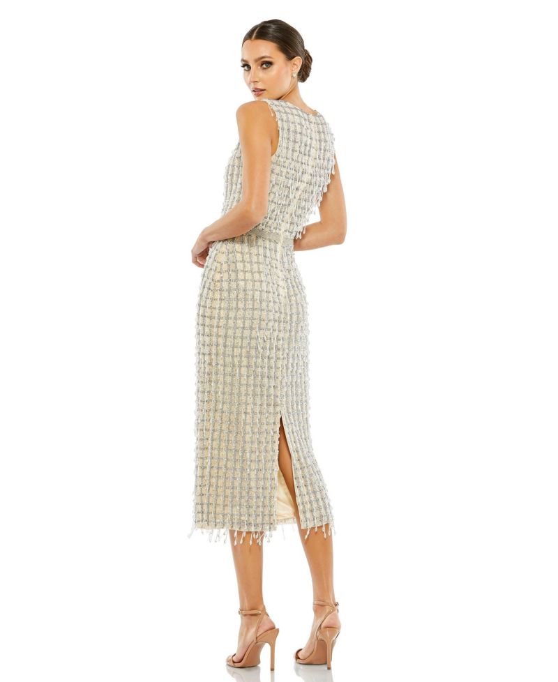Women's Sleeveless High Neck Beaded Midi Sheath Dress