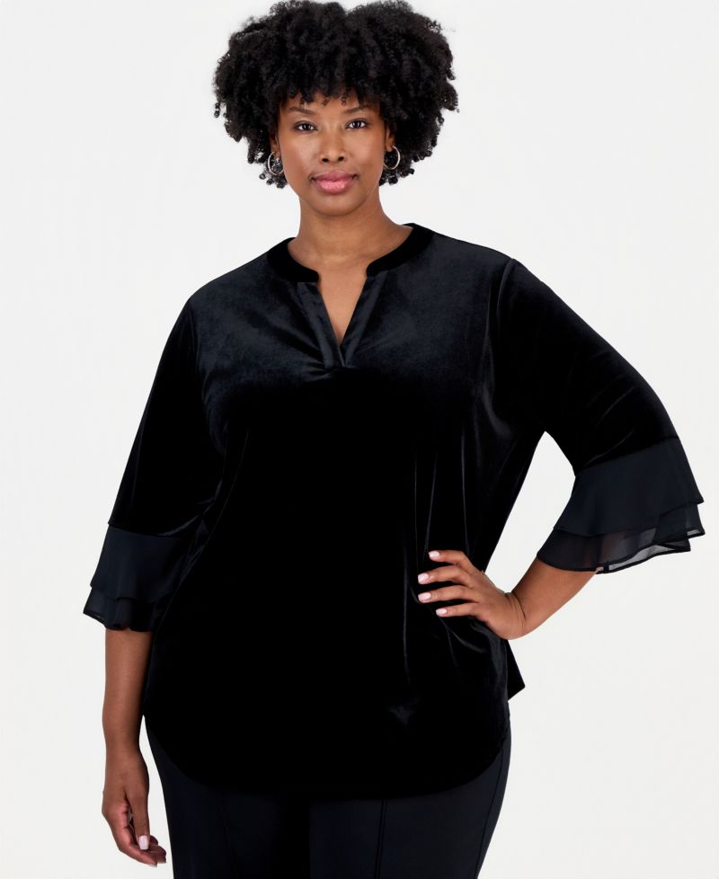 Plus Size Split-Neck 3/4-Length Flutter-Sleeve Blouse