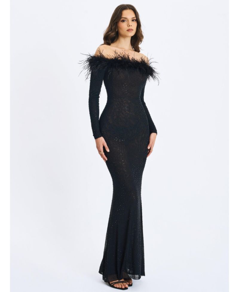 Women's Emberly Black Faux Fur Trimmed Off-Shoulder Rhinestone Mermaid Maxi Dress