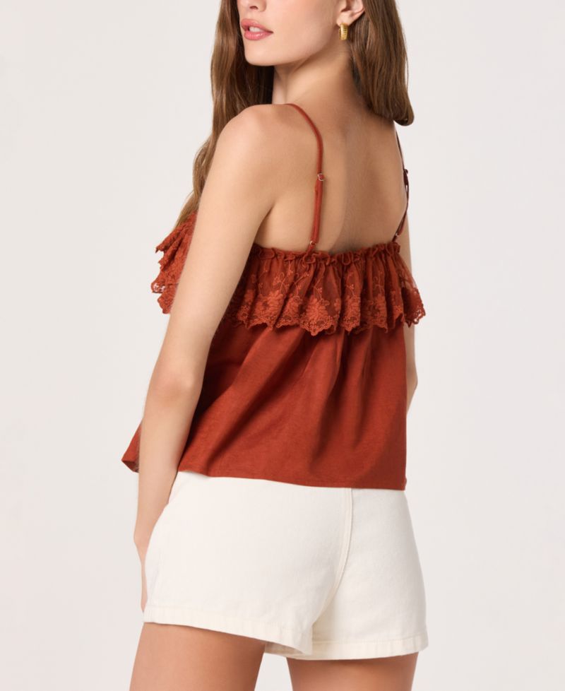 Women's Ruffled Lace Trim Straight Neck Tank Top