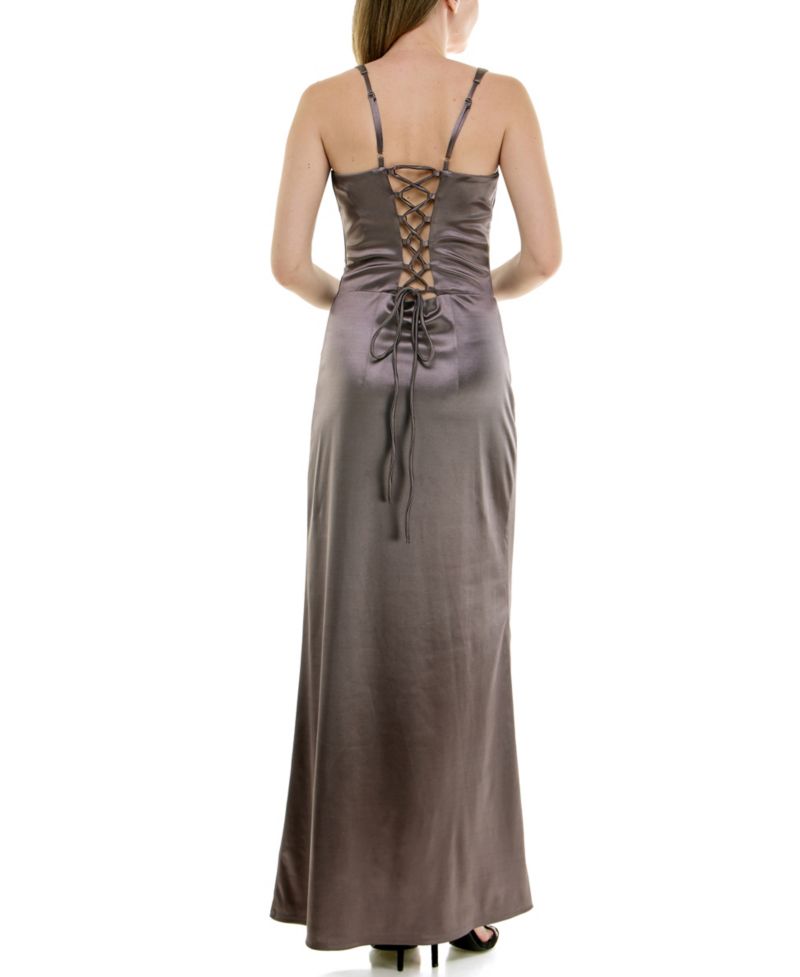 Juniors' V-Neck Satin Corset Maxi Dress
