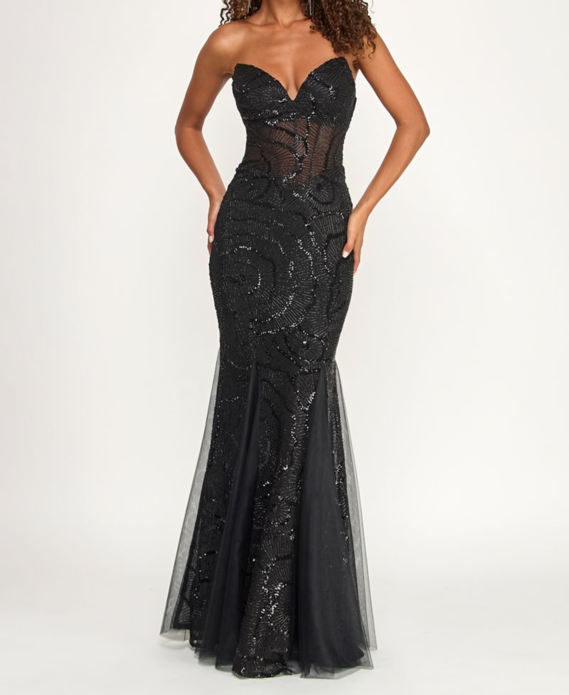 Juniors Sweetheart Sequin Mesh Mermaid Gown with Illusion Bodice
