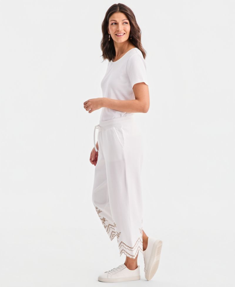 Petite Trim Eyelet Wide-Leg Knit Pants