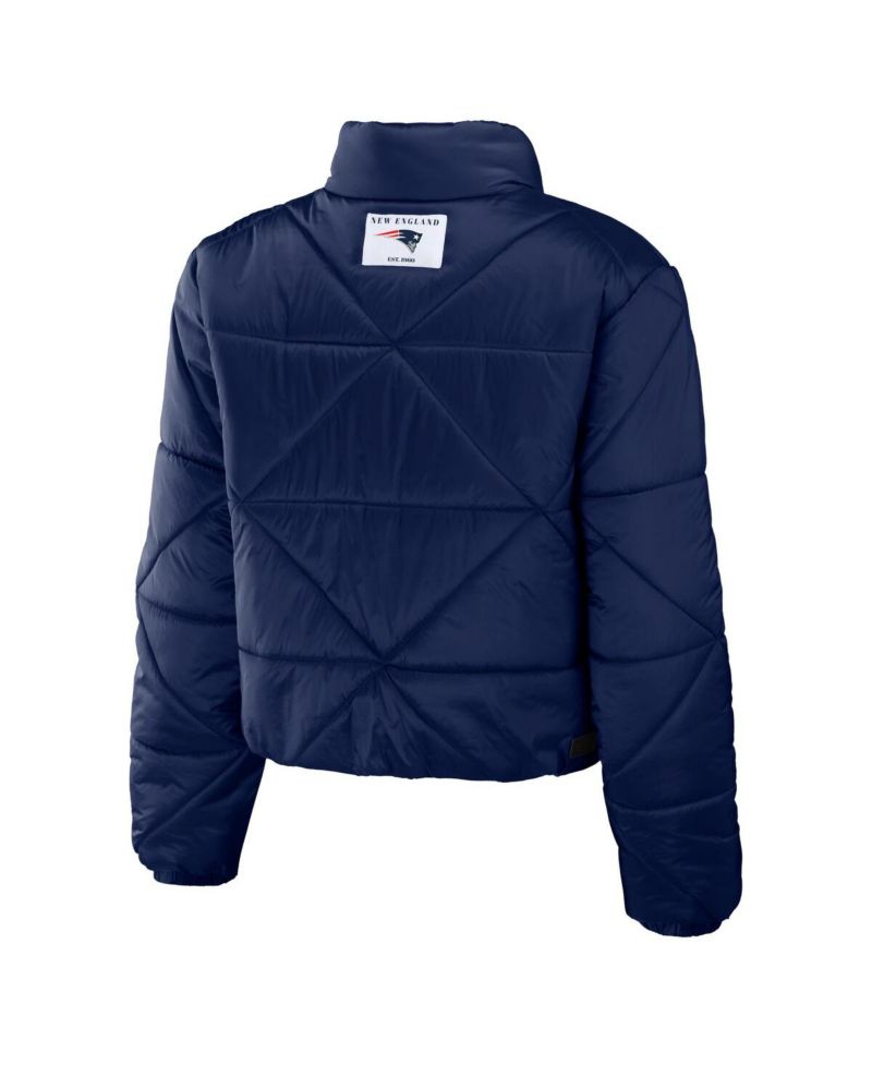 Women's Navy New England Patriots Cropped Puffer Full-Zip Jacket