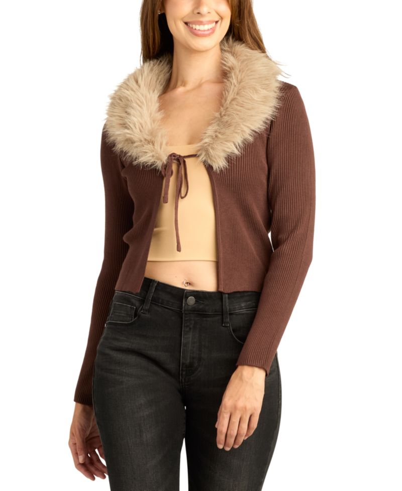 Juniors' Cropped Tie-Front Faux-Fur Cardigan Sweater