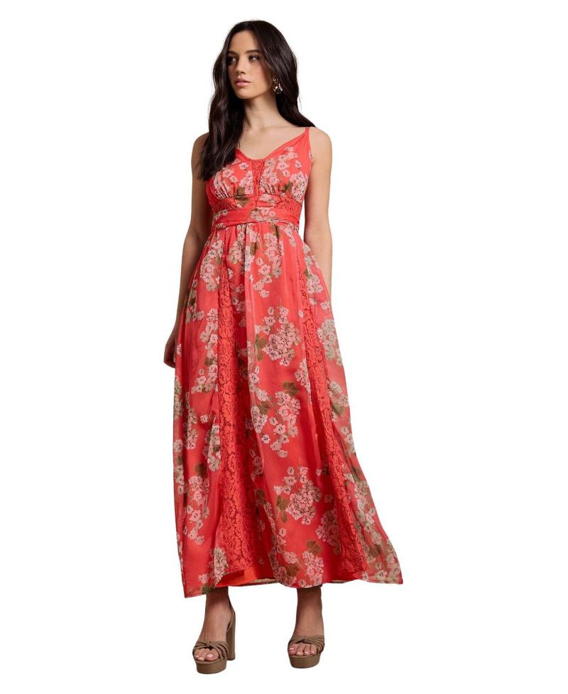 Women's Floral-Print Pleated Lace Maxi Dress