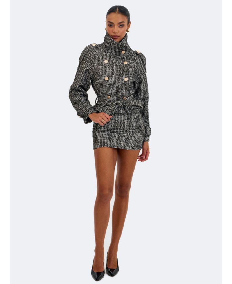 Women's Sadie Black and White Tweed High Collar Belted Mini Jacket