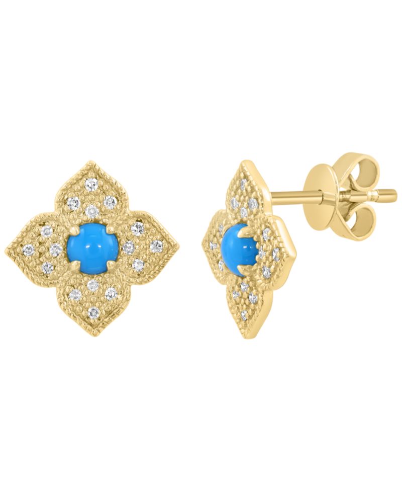 Diamond (1/10 ct. t.w.) & Turquoise Stud Earrings in 14k Yellow Gold