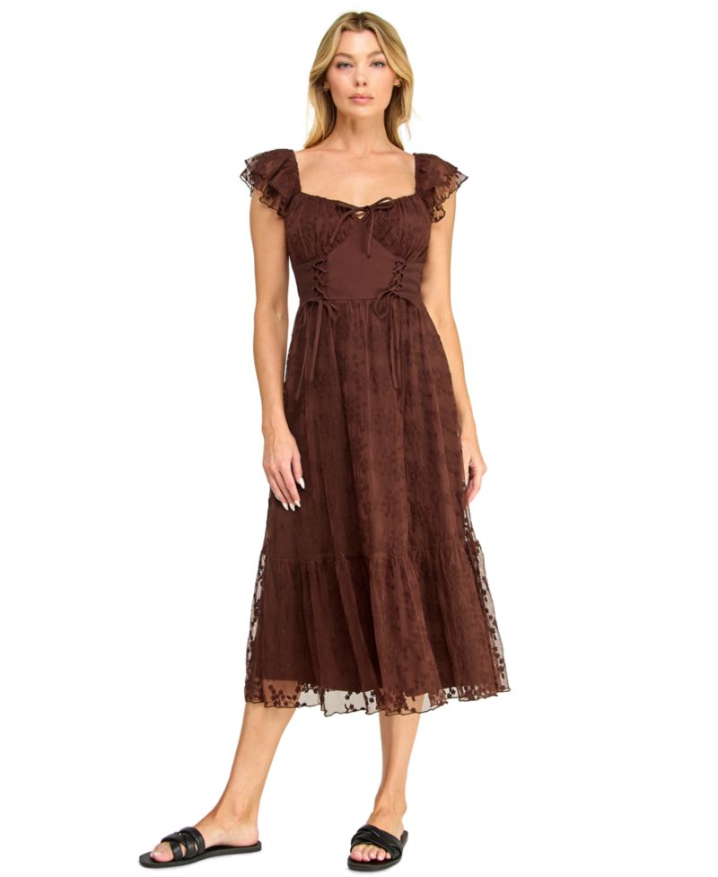 Juniors' Sweetheart-Neck Flutter-Sleeve Lace Midi Dress