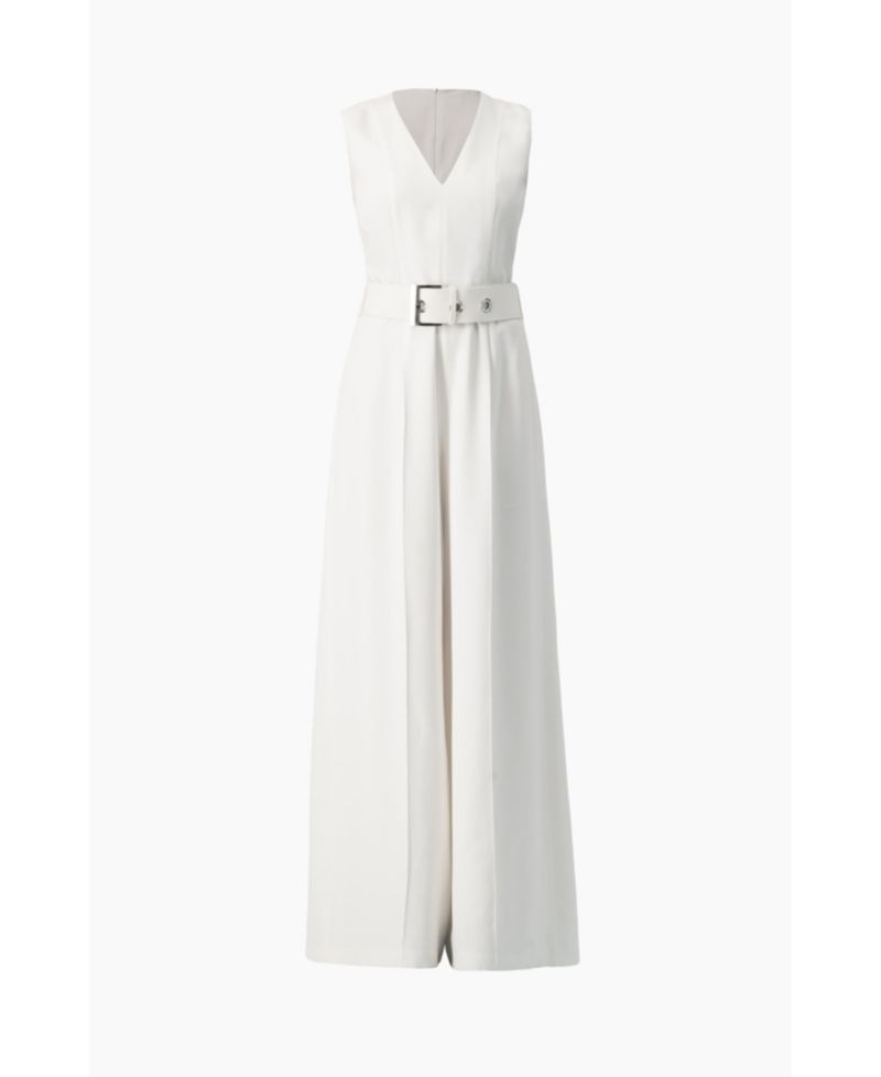 Women's Clean V-Neck Buckle-Belt Wide-Leg Tailored Jumpsuit
