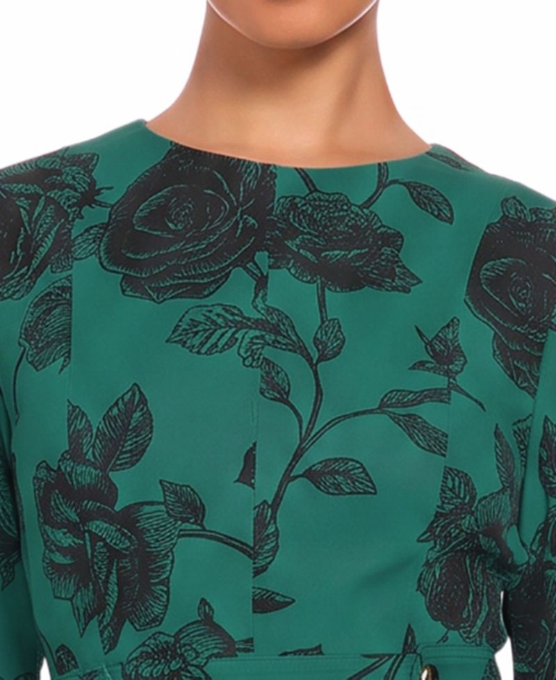 Petite Printed Side Tab Floral A-Line 3/4-Sleeve Midi Dress