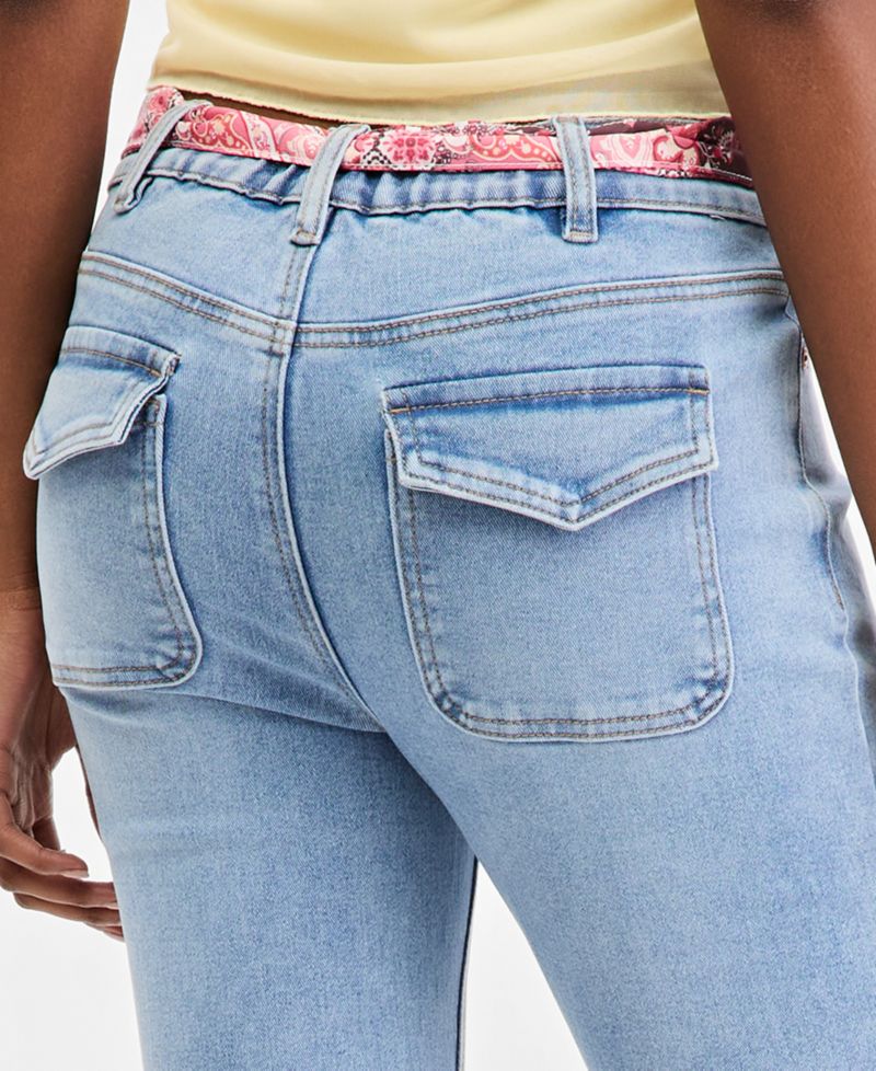 Juniors' Mid-Rise Scarf-Belt Bootcut Jeans