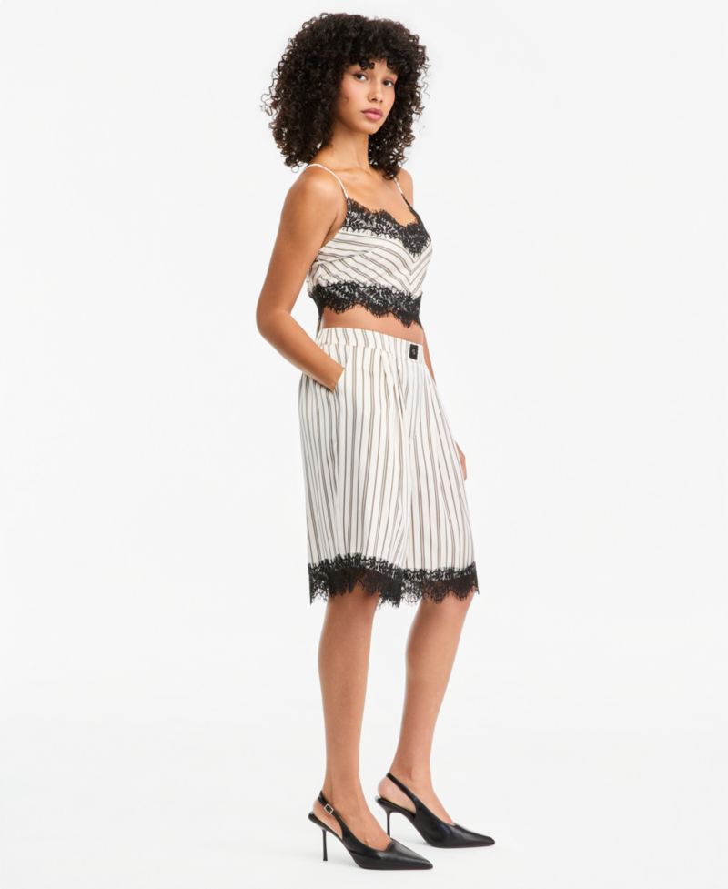Women's Pinstripe Satin High-Waisted Lace-Trim Shorts