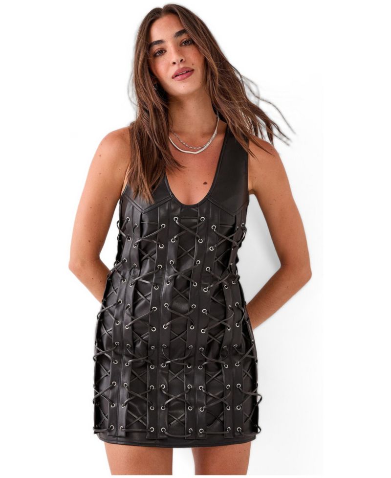 Women's Eyelet Lace Up Faux Leather Mini Dress