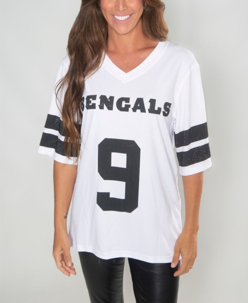 Women's Joe Burrow White Cincinnati Bengals Crystal V-Neck Tunic Top