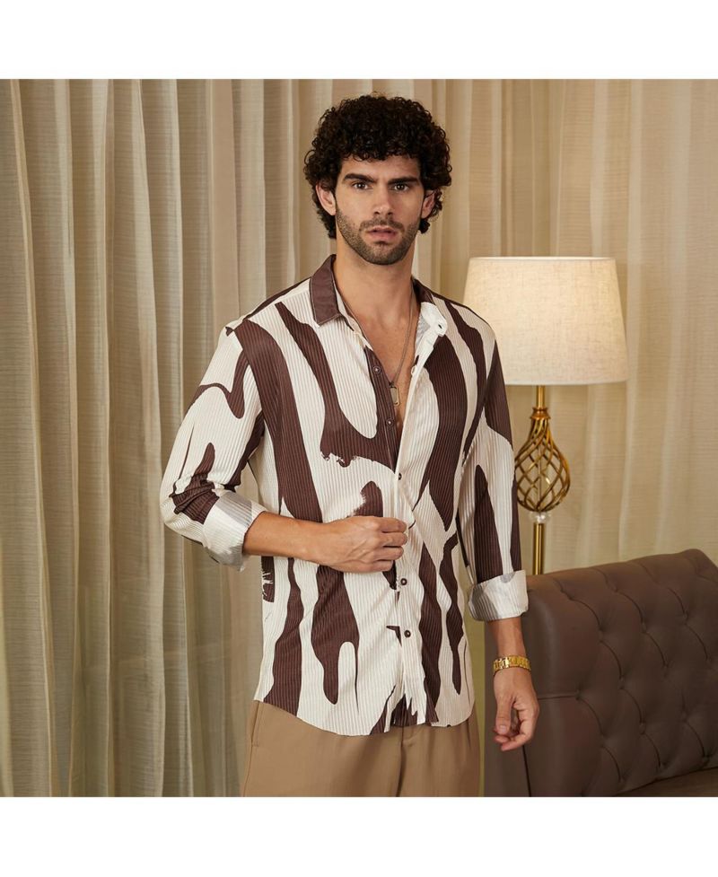 Men's Chocolate Brown & Daisy White Contour-Lines Pleated Shirt