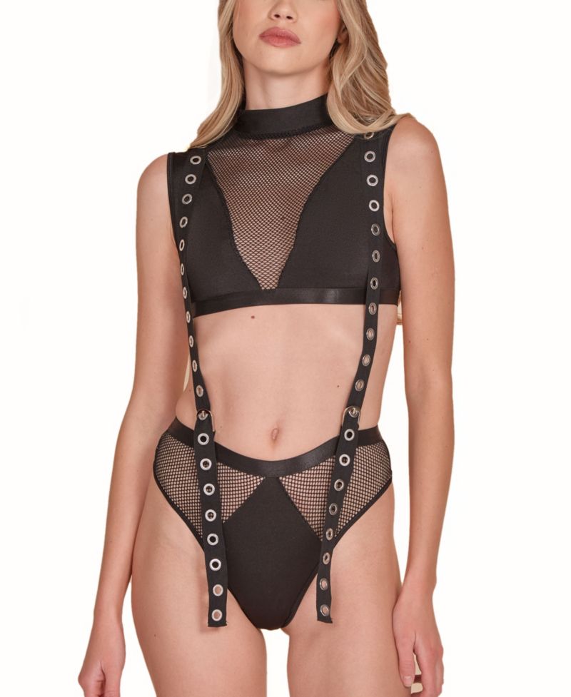Women's 2-Piece Mock and Panty Lingerie Set Attached with Twill Straps and Working Silver Buckles