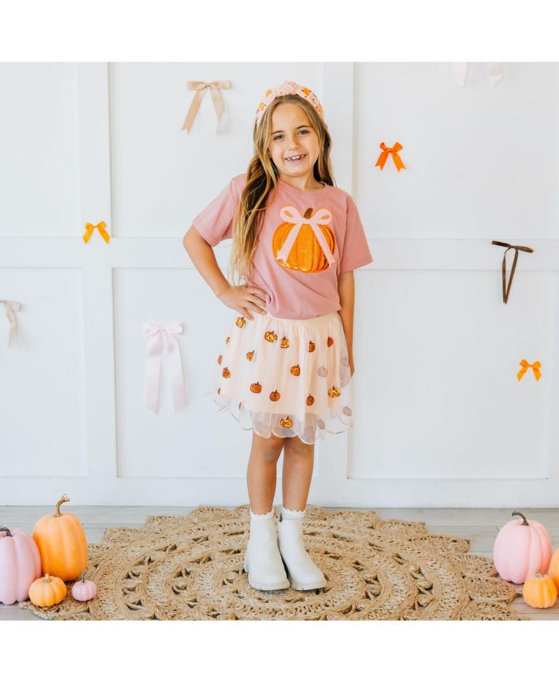 Big Girls Coquette Pumpkin Sequin Patch Short Sleeve T-Shirt