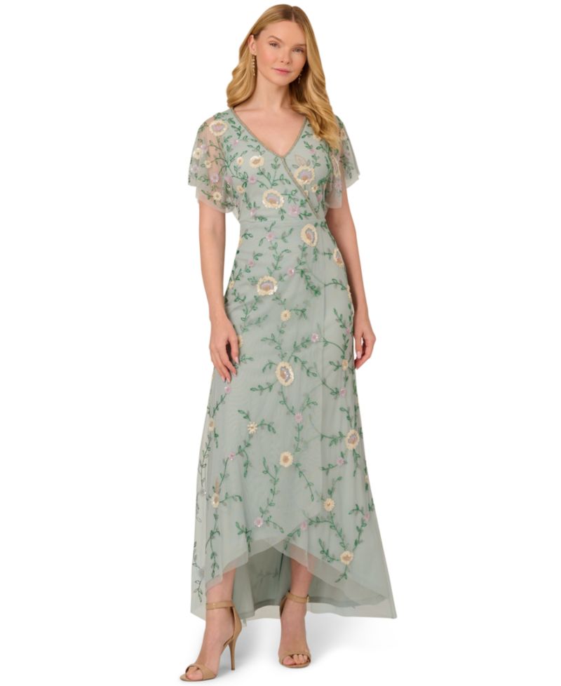 Petite V-Neck Beaded Mesh Gown