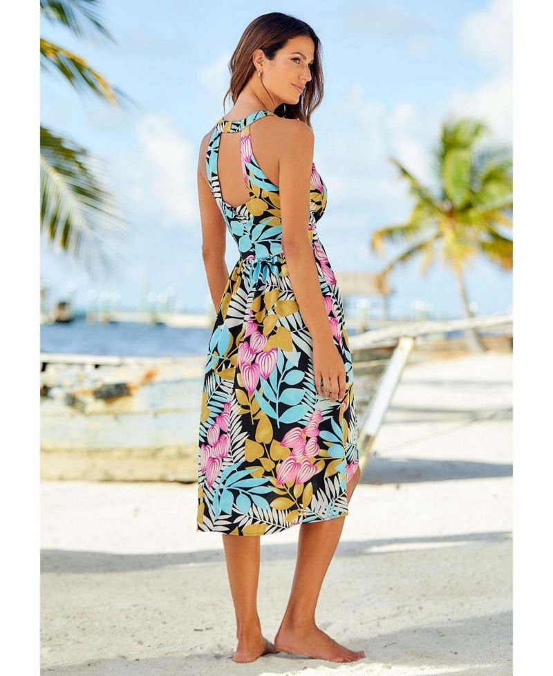 Women's Tropical Print High-Low Cutout A-Line Halter-Neck Midi Dress