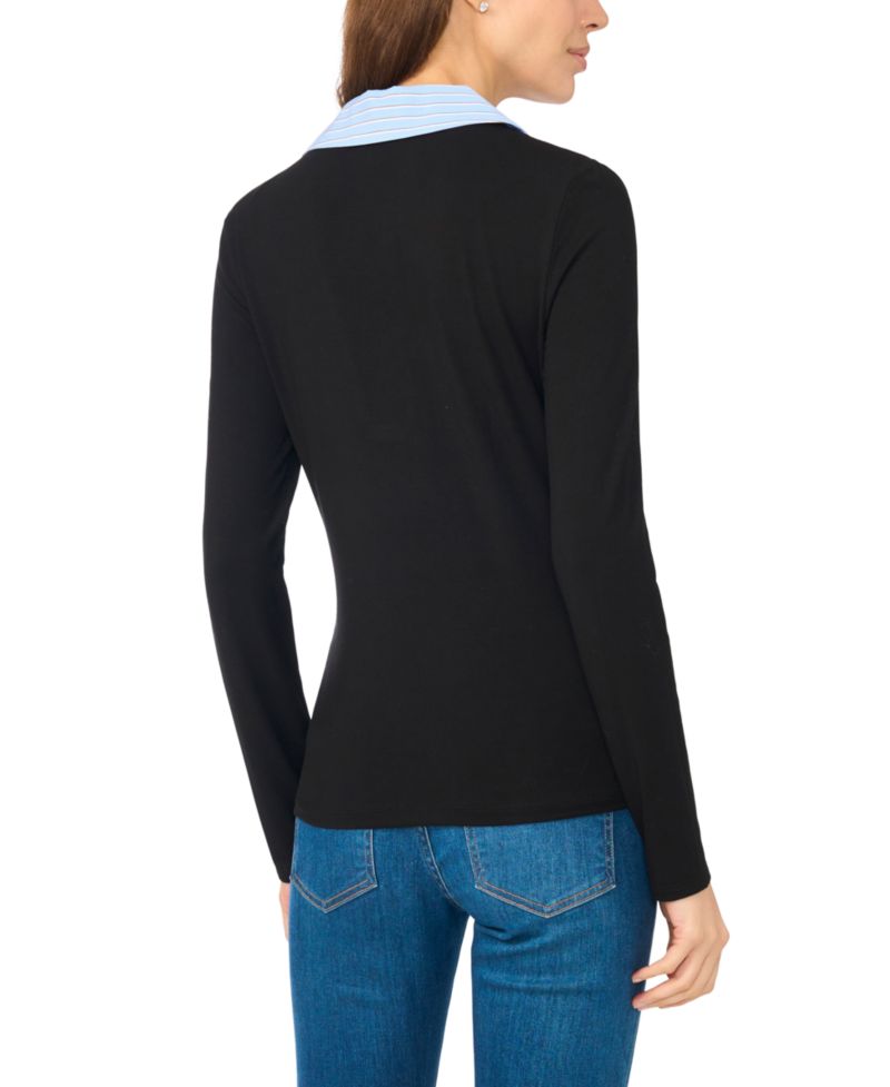 Women's Long-Sleeve Striped Collar Knit Polo T-Shirt