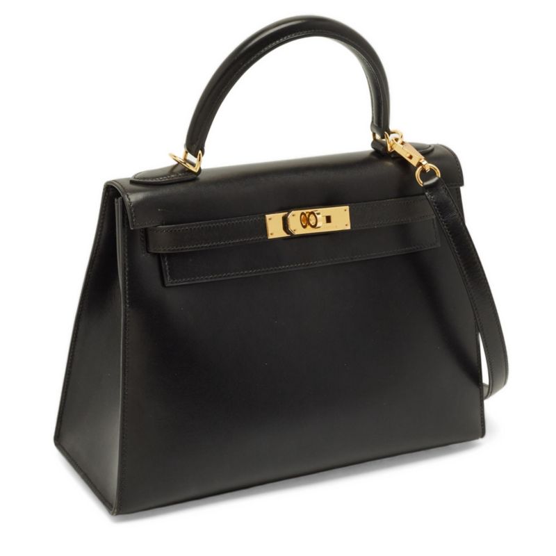 Pre-Owned HERMES Kelly Sellier Finish Noir Box Leather Top Handle Bag