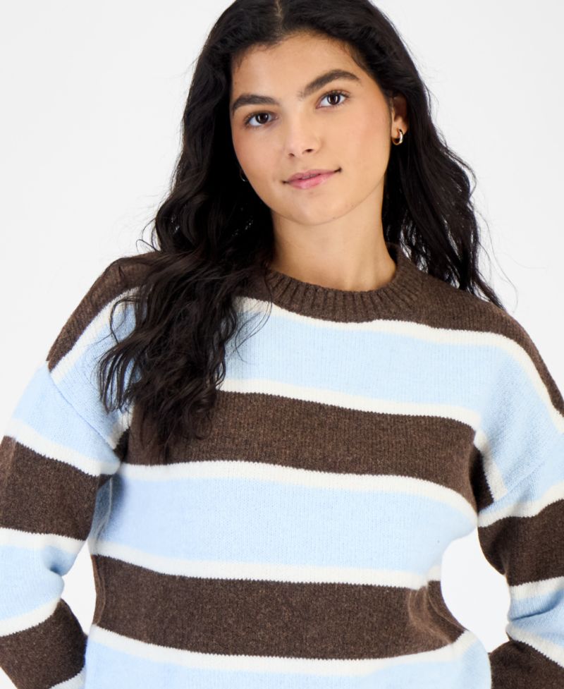 Juniors' Stripe Oversized Crewneck Drop-Shoulder Sweater