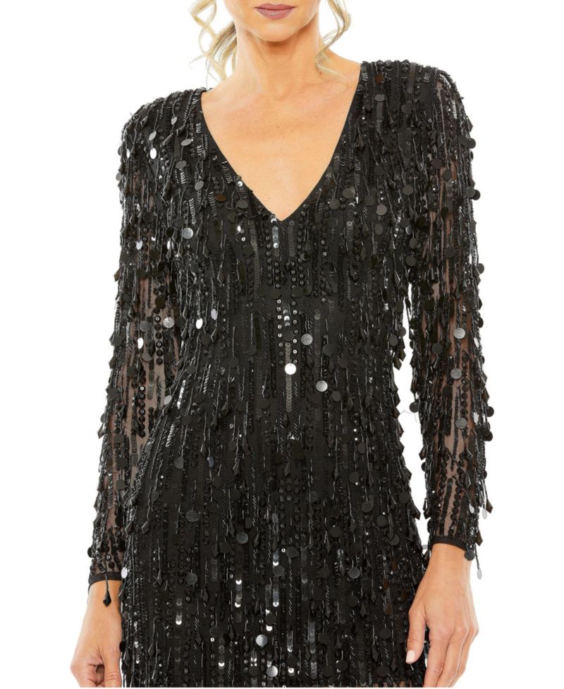 Women's Beaded Fringe Detail Dress with Plunging Neckline and Long Sleeves