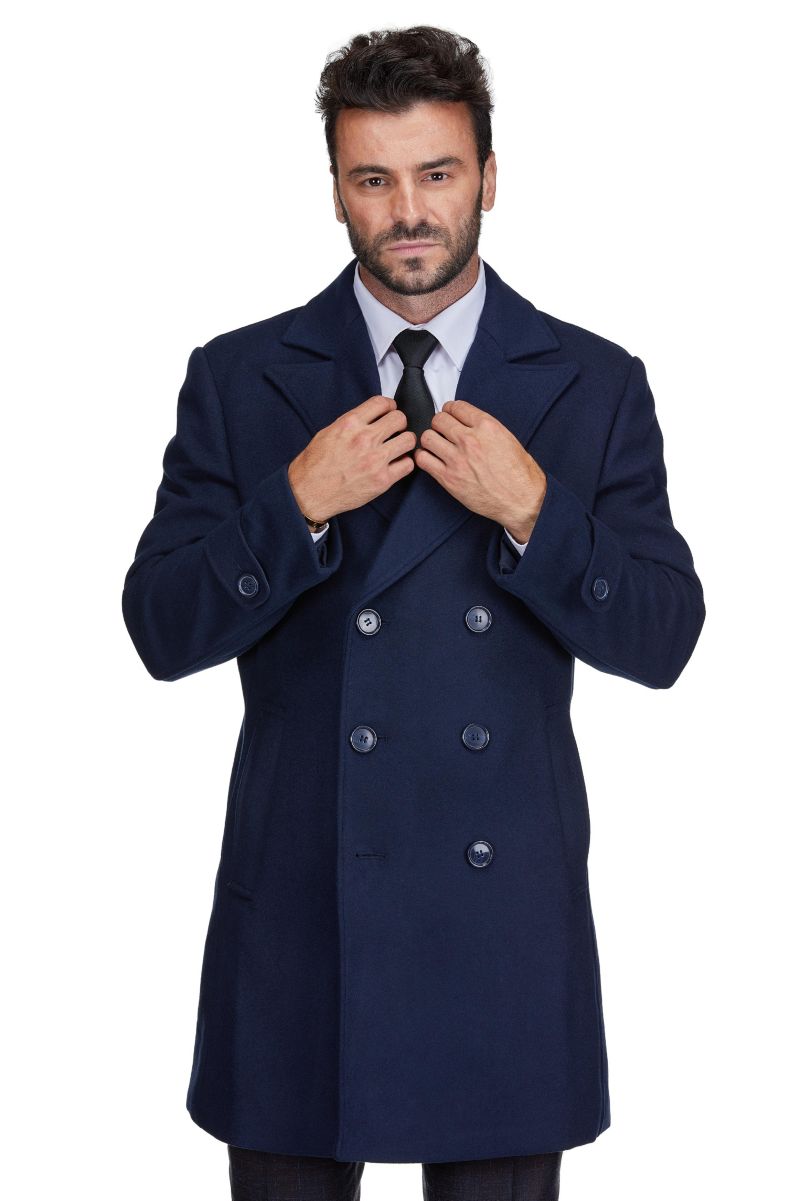 Мужское двубортное пальто-бушлат из полушерстяной ткани Peacoat