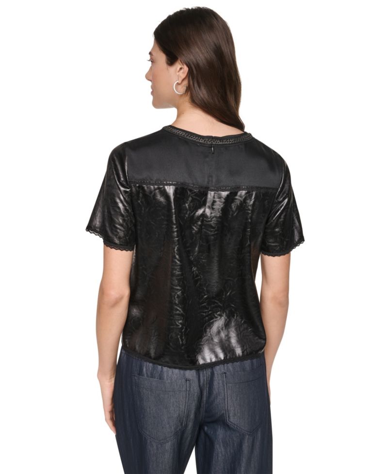 Women's Chain Neck Short-Sleeve Mixed Media Top
