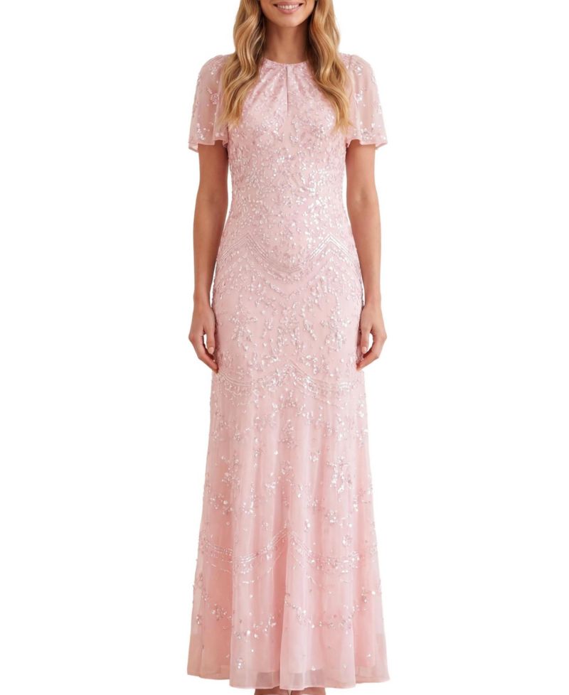 Women's Freya Georgette Sequin Flutter-Sleeve Maxi Gown
