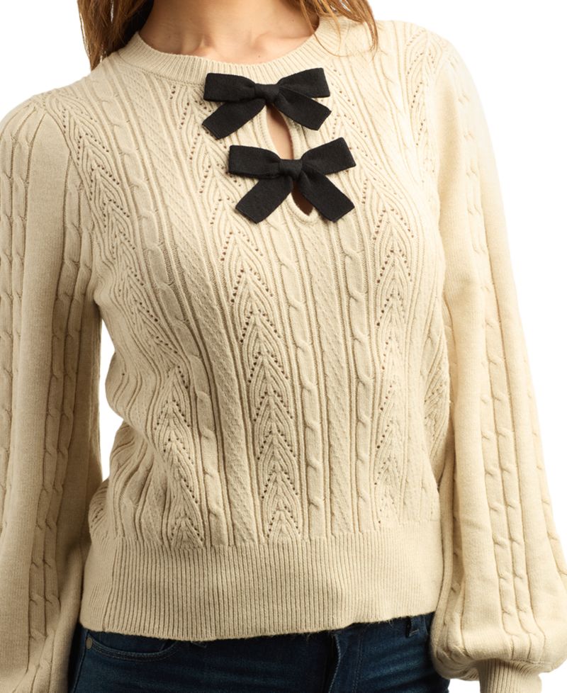 Juniors' Cable-Knit Balloon-Sleeve Pullover Sweater