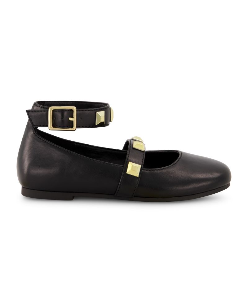Big Girls Ankle Strap Pyramid Stud Ballet Flats