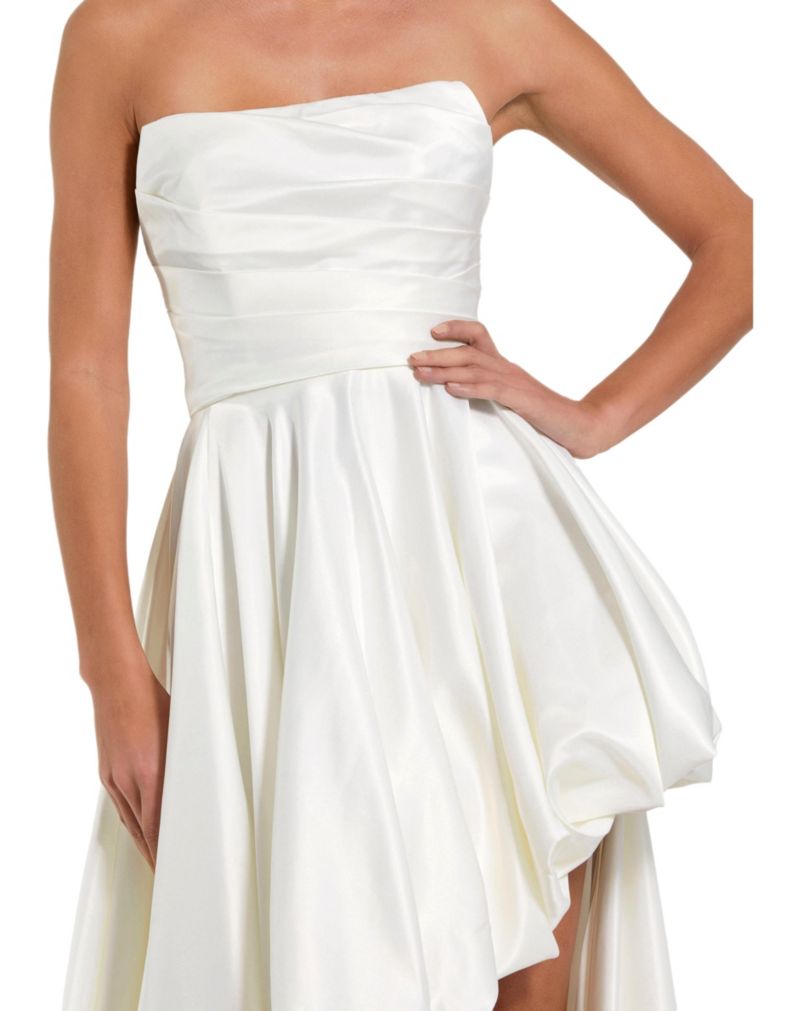 Petite Strapless High-Low Satin Gown with Draped Skirt