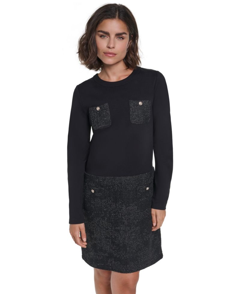 Women's Tweed Long-Sleeve Crewneck Sweater Dress