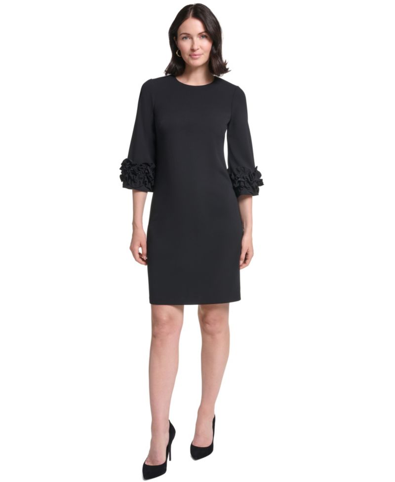 Petite Ruffle-Sleeve Jewel Neck Dress