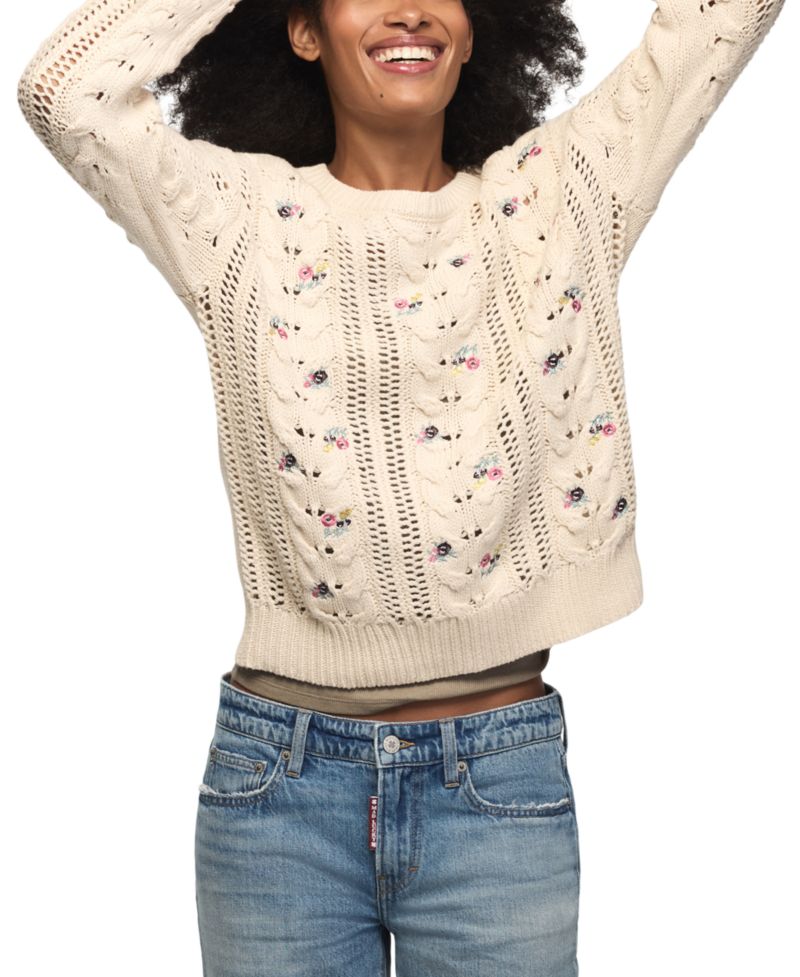 Women's Floral-Embroidered Cable-Knit Crewneck Sweater