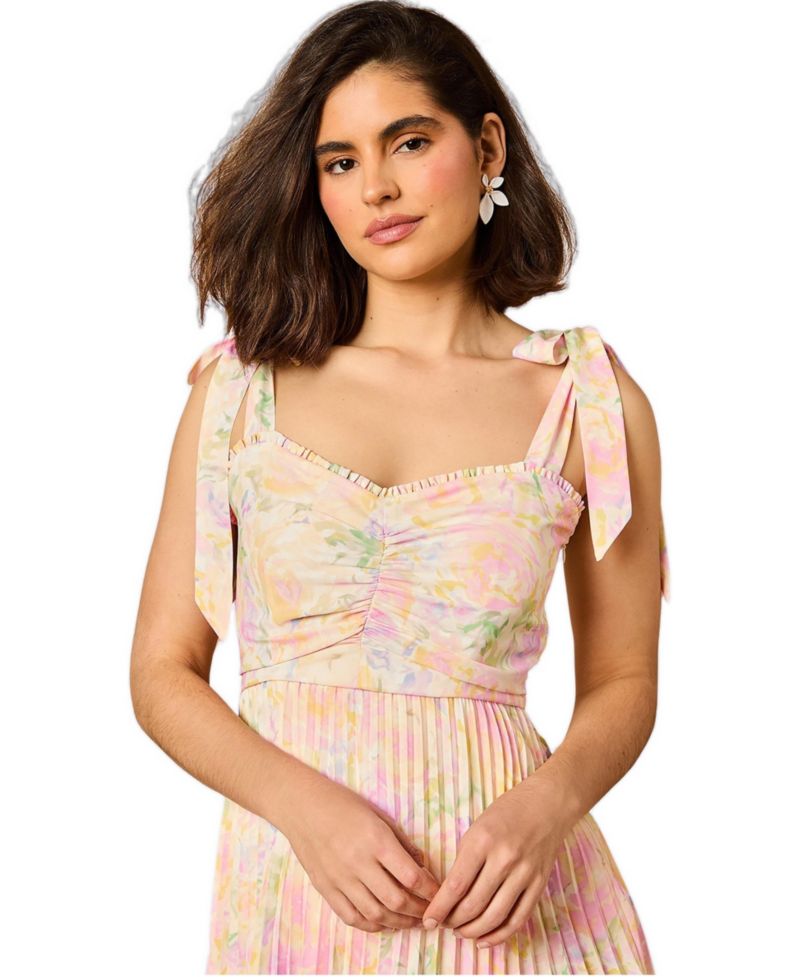 Women's Pleated Tie Shoulder Midi Dress