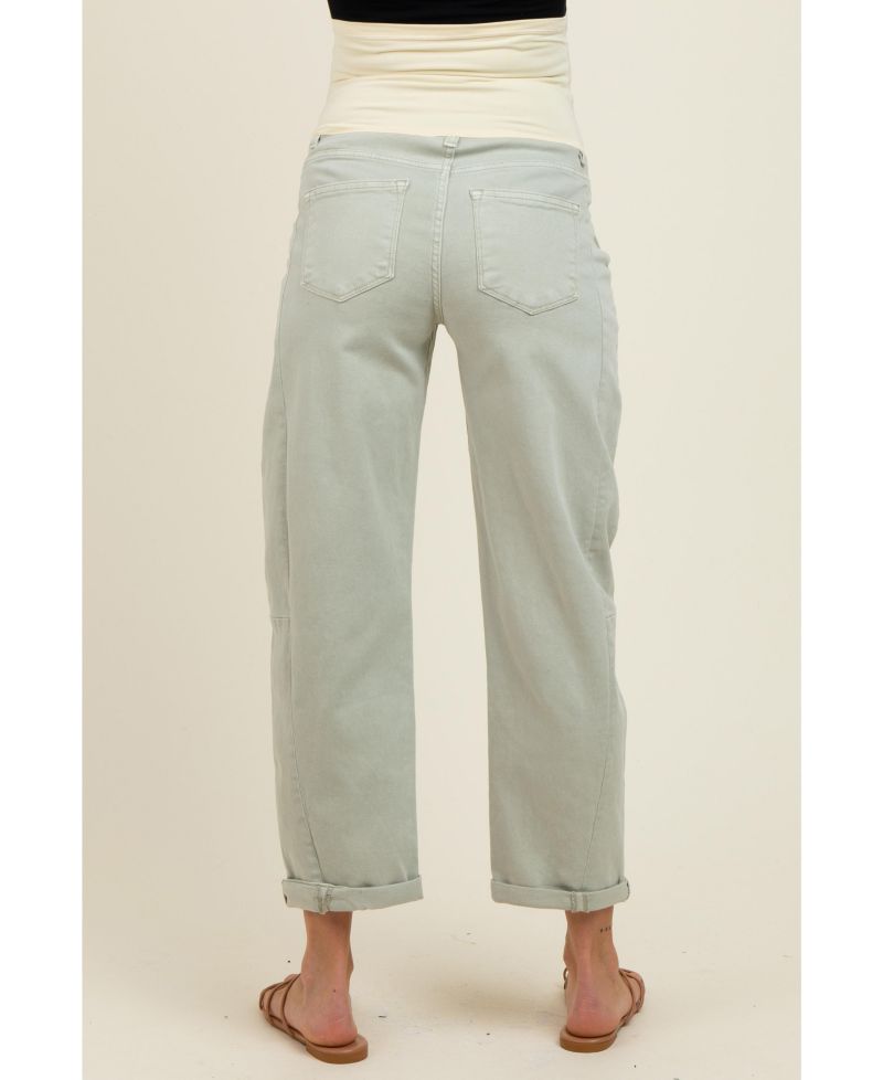Women's Light Olive Rolled Cuff Barrel Leg Jeans