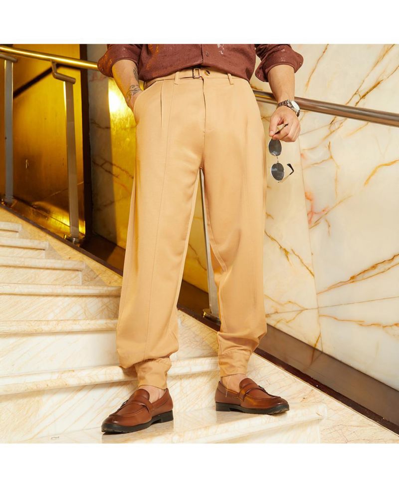 Men's Khaki Beige Panelled Gurkha Trousers