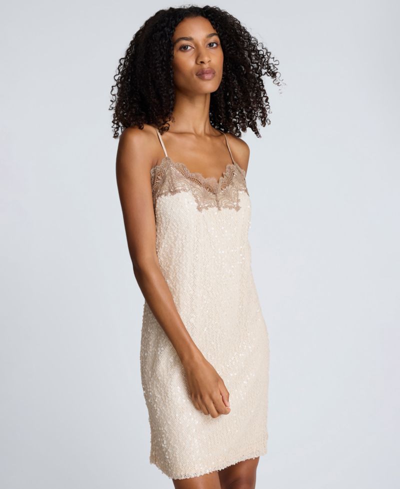 Sequin Netting Lace Trim Slip Dress