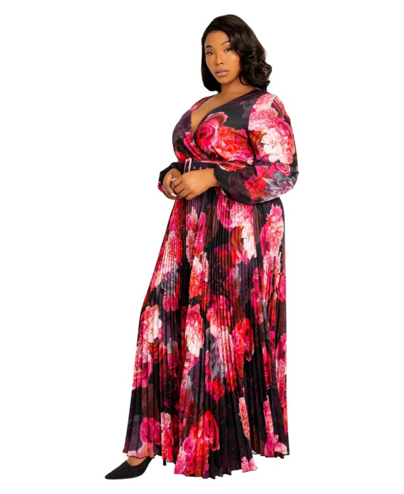 Plus Size Women's Floral Pleated Maxi Dress with Belt