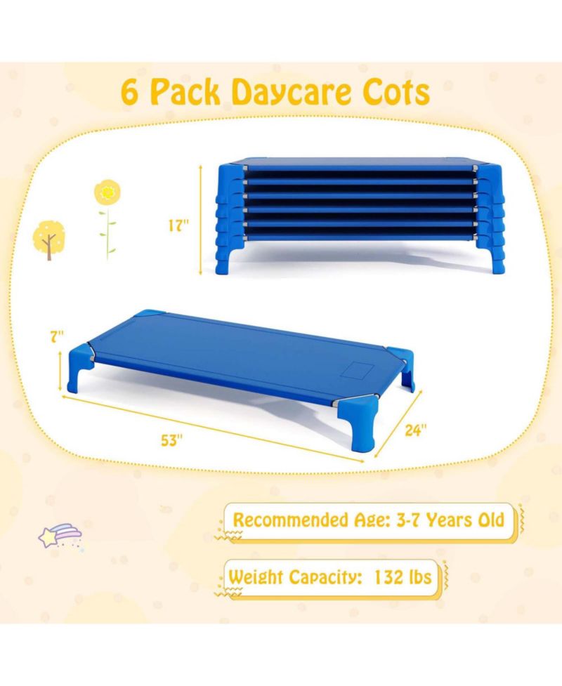 6 Pack Stackable Daycare Cots with Easy Lift Corners Heavy-Duty Metal