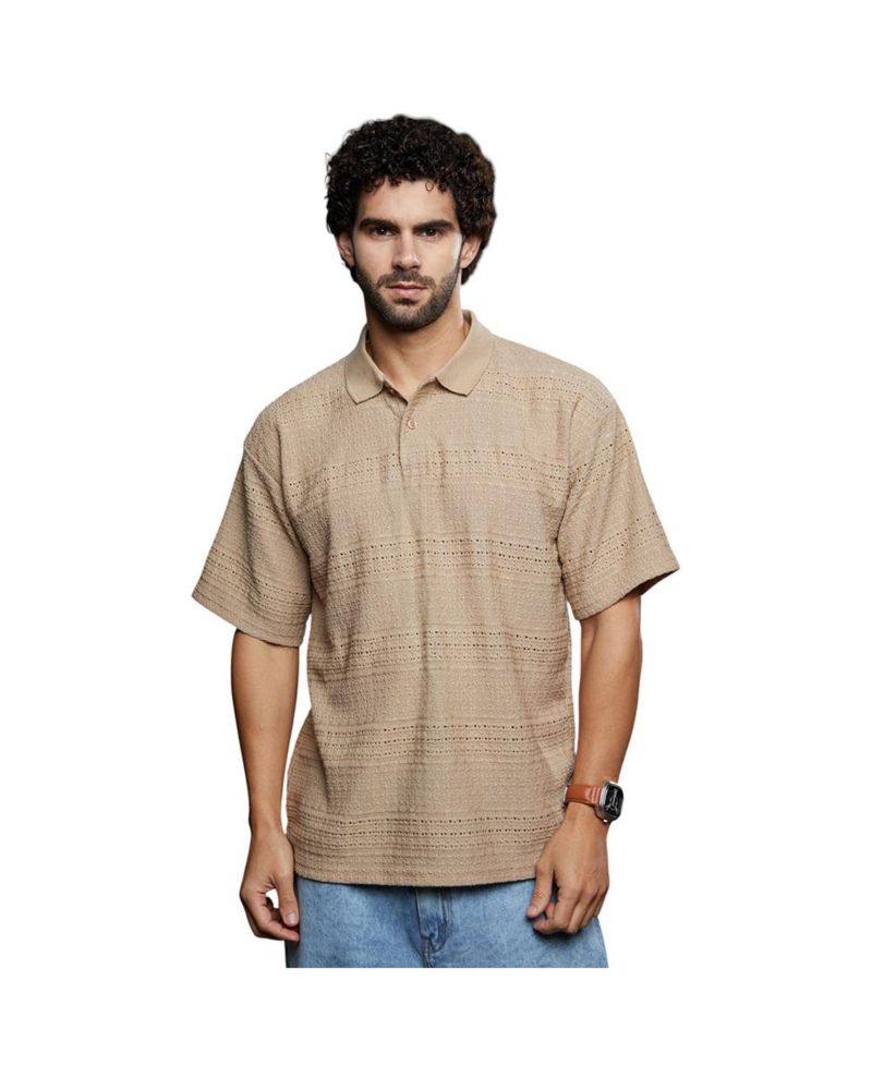 Men's Buff Beige Bohomian Oversized Polo T-Shirt