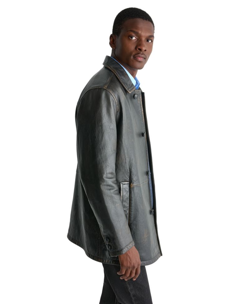 Men's Leather Button-Front Car Coat