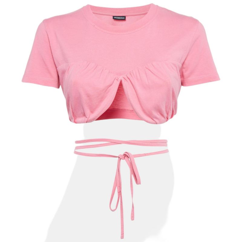 Women's Pink Cotton Knit Underwired Lace-Up Baci Crop Top