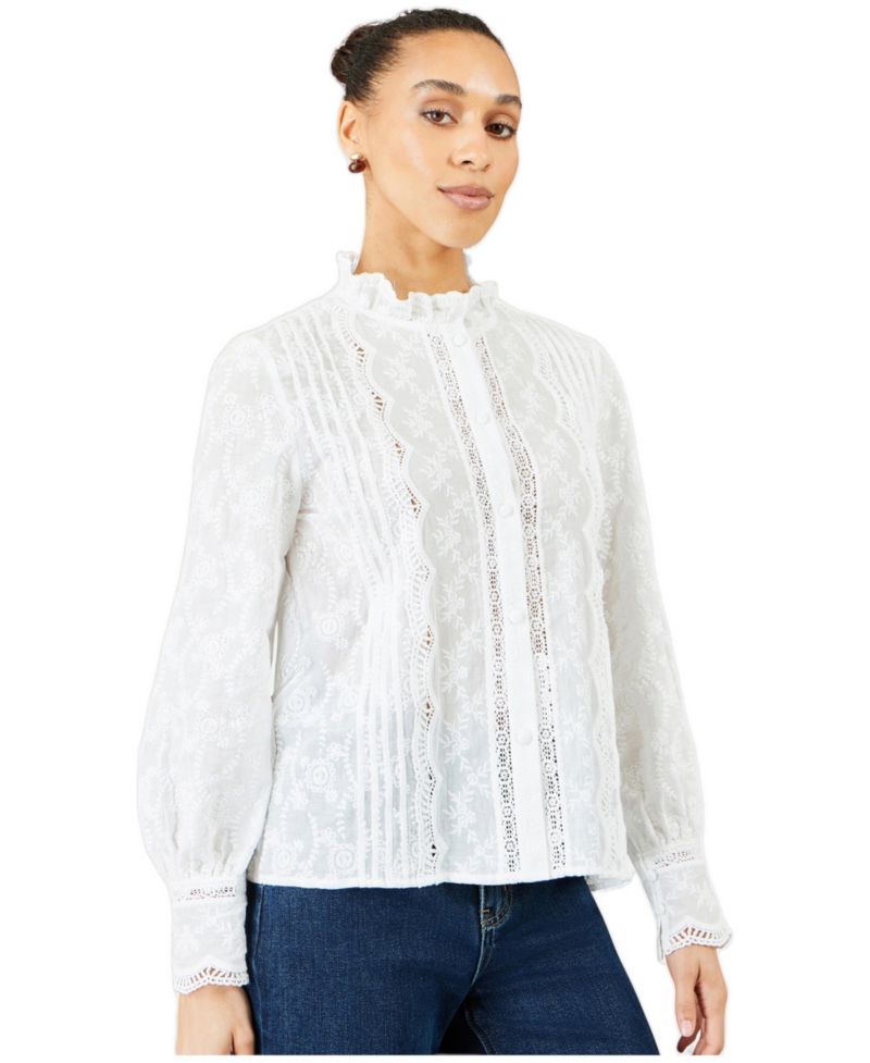 Women's Long-Sleeve Lace-Detail Cotton Blouse