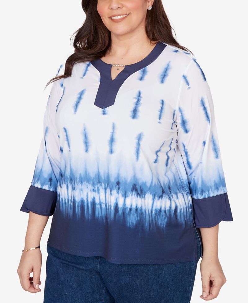 Plus Size Classic Tie Dye Border Split Neck Top