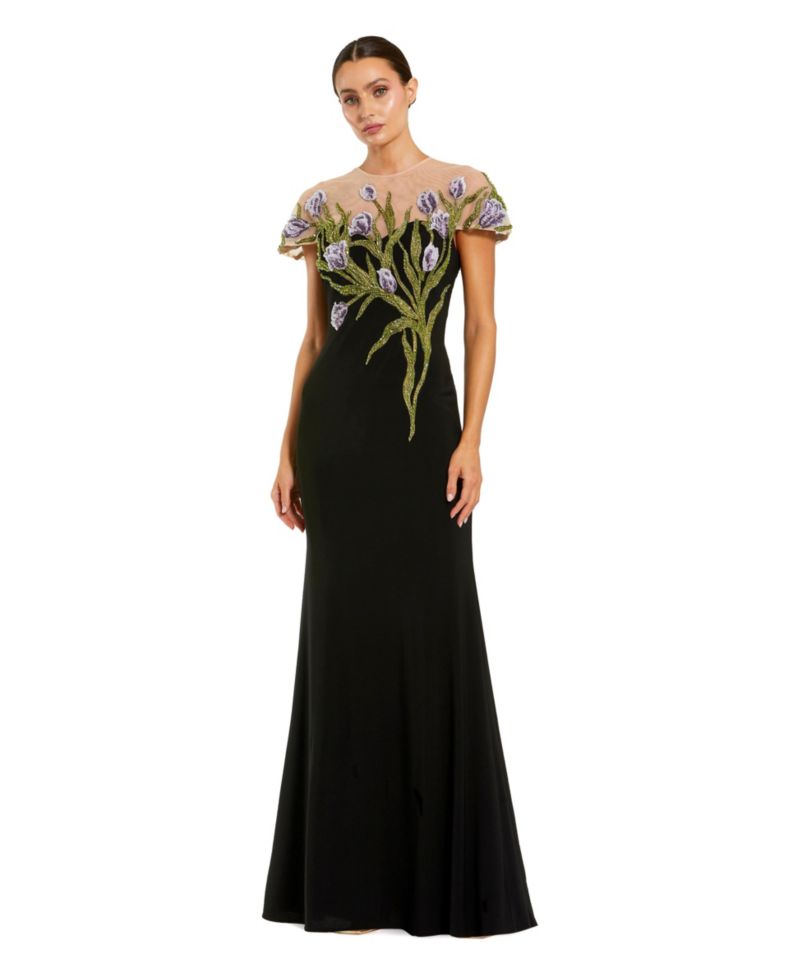 Petite Jersey Floral Embroidered Illusion Neck Gown