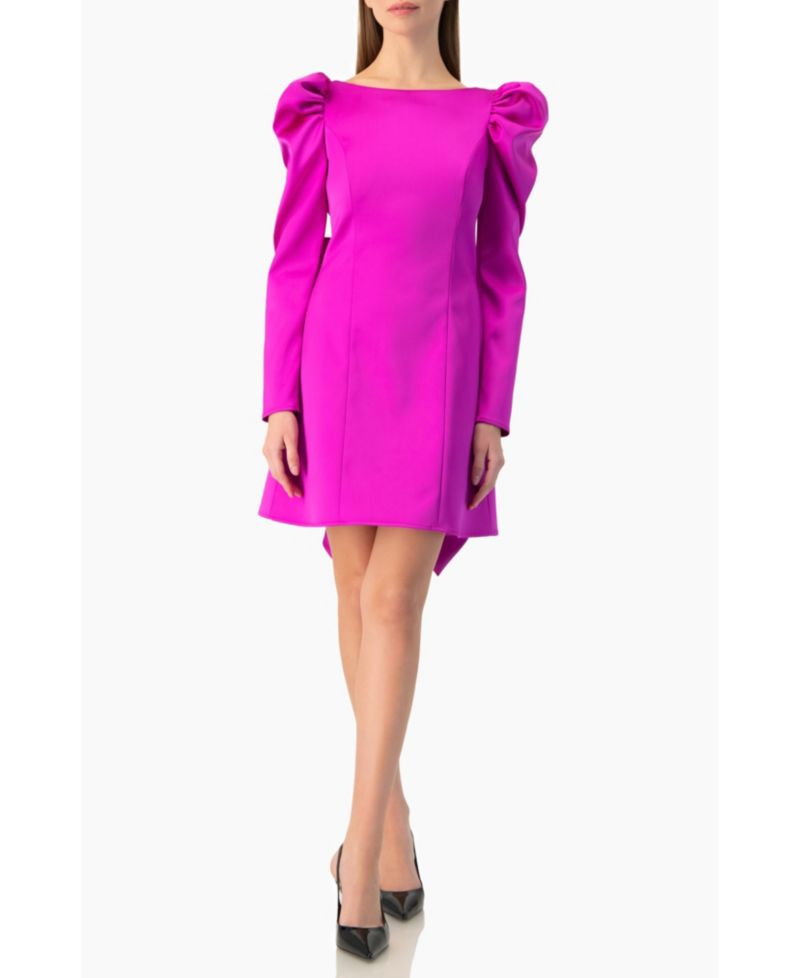 Women's Puff-Sleeve Open-Back Bow Mini Dress in Satin
